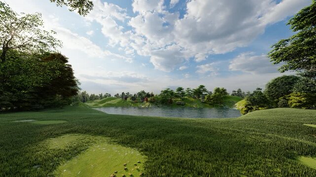 Peaceful Nature Landscape with River, Lush Grass Field, and Cloudy Sky &ndash; Serene 3D Scenic View, 4k resolution