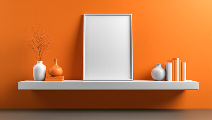 Mockup frame on shelf displays art. Minimalist design, orange wall, vases, books. Ideal for marketing, web design, or editorial.