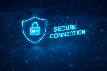 VPN secure connection graphic with glowing shield and lock icon over world map, representing global cybersecurity, encrypted internet access, and digital privacy protection, VPN secure connection, 
