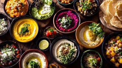 Table filled with colorful vegetarian dishes and dips