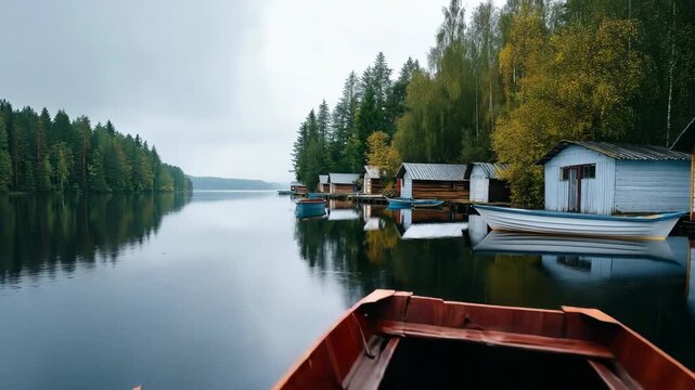A boat is floating in a lake near a row of houses. The water is calm and the sky is cloudy
