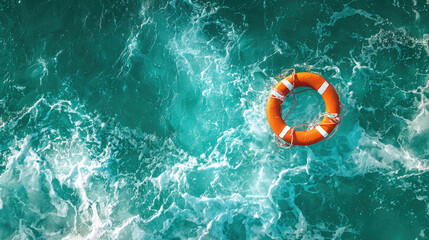 Aerial view of an orange and white life preserver floating on turquoise ocean water with waves visible