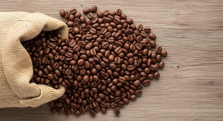 Fototapeta premium Rich Aroma Burlap Bag Overflowing with Roasted Coffee Beans on Rustic Wooden Surface - Aromatic Still Life