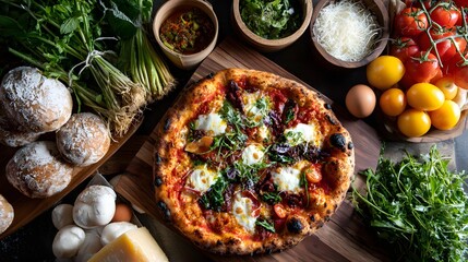 Overhead shot of artisan pizza with toppings and fresh ingredients