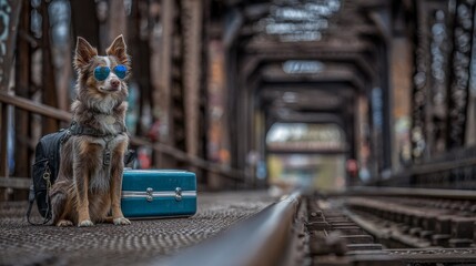 Dog wearing sunglasses sitting on railway bridge next to blue suitcase, ready to travel by train on old metal tracks leading into the distance, capturing adventure, travel, and journey themes.
