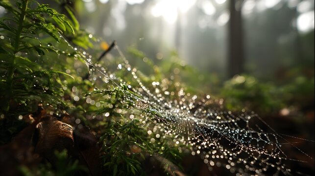 Macro shot of dew on spider web in early morning forest - Powered by Adobe