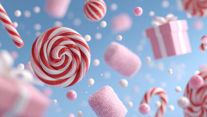 Sweets Float on Blue: Treats dance in pastel hues for marketing, design, web backgrounds. Candy canes, lollipop, gift box, marshmallows cascade playfully.