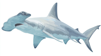 Illustration of a hammerhead shark swimming with its distinctive head shape and gray and white coloring
