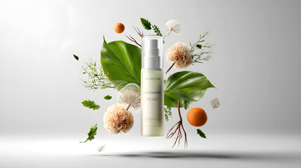 Nature's Essence in a Bottle: A sleek bottle of skincare product floats amidst a cascade of fresh leaves, flowers and plant roots, a visual testament to the essence of nature.