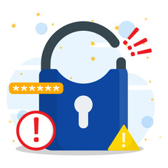 Warning that the password has been hacked and leaked. Broken padlock with an exclamation mark.