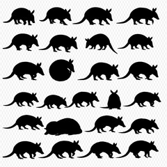 A collection of twenty-four armadillo silhouettes in various poses, including walking, standing, and curled up.