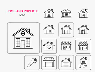 Collection of Home and Property Icons Depicting Houses a Key and a Hand Holding a House