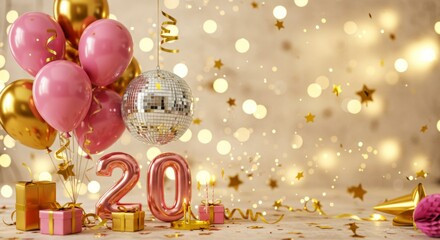New year celebration with balloons and disco ball for festive party decorations