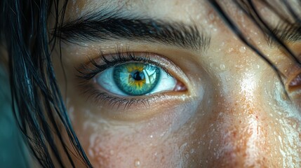 Close-up woman's eyes, wet skin, intense gaze