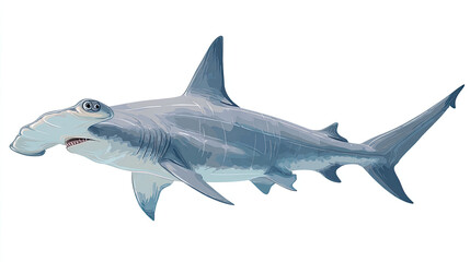 Illustration of a hammerhead shark swimming in the ocean with a white background and sharp teeth