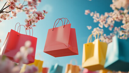Shopping Bags Float with Spring Blossoms. Marketing, retail, commerce, and advertising uses. Bright, colorful, cheerful.