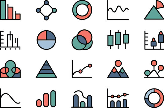 An assortment of colorful graph and chart icons arranged on a white background