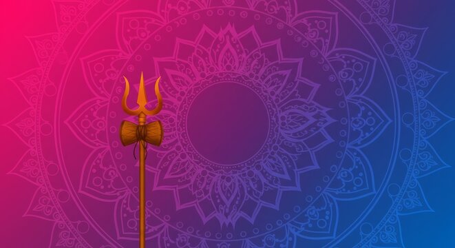 Abstract mandala with symbols of Navratri&mdash;trident, lotus, and conch&mdash;set against a vibrant magenta-to-indigo gradient
