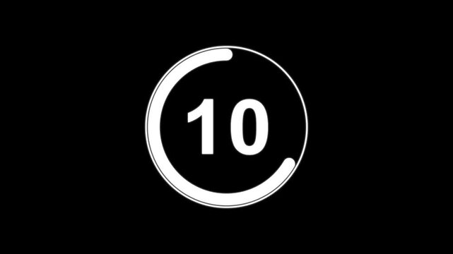 Circle countdown timer one minute animation from 15 to 0 second animation  with alpha channel, 15 second countdown timer, Countdown video on black background.