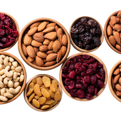 Assorted nuts and dried fruits, Almonds, cranberries, in wooden bowls on white background isolated on white background or transparent background png cut out 12264734 2