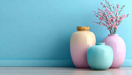 Still life shows pastel vases and cherry blossoms. Soft light, peaceful. Ideal for web, design, marketing about spring, art.