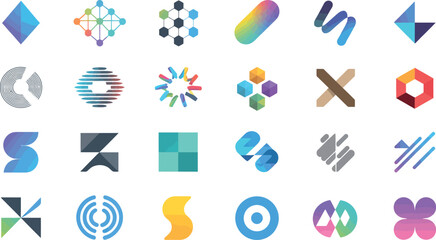 A collection of twenty distinct abstract logo designs on a white background