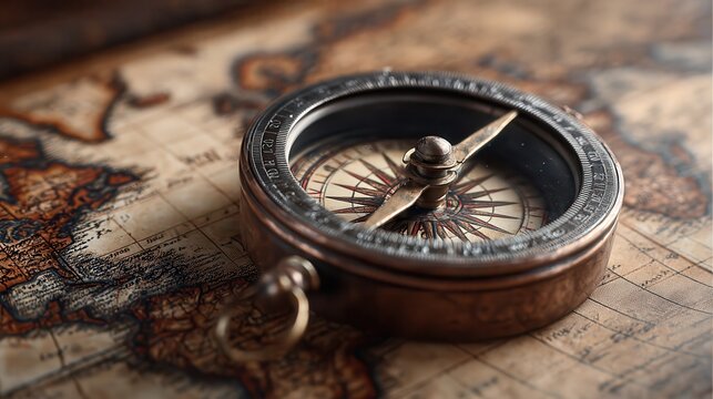 An antique compass rests on a vintage world map, symbolizing exploration and the quest for discovery.