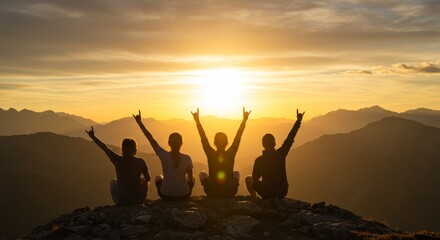 Fototapeta premium Friends silhouetted celebrating on mountain at golden sunset.