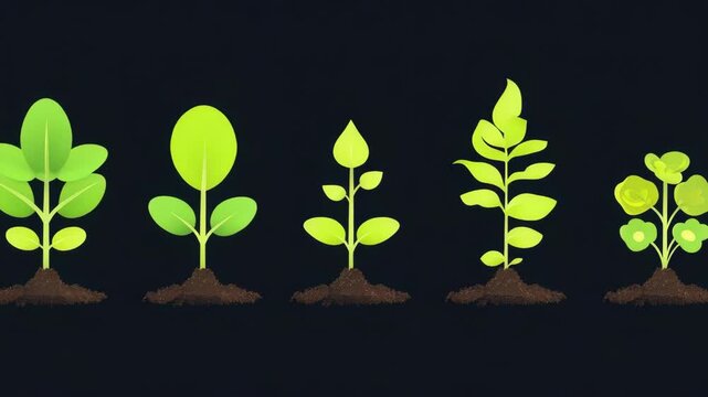 A sequence of plant seedlings growing in stages with dirt and roots.