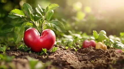 Symbolic representation of love and growth: Heart-shaped apple sprouting from the soil amidst a lush garden embodying the concept of cultivating affection and nurturing new beginnings