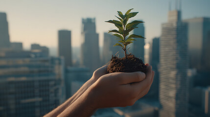 Nurturing Urban Greenery: A pair of hands delicately cradle a budding plant against a blurred backdrop of a bustling cityscape, signifying growth and harmony.