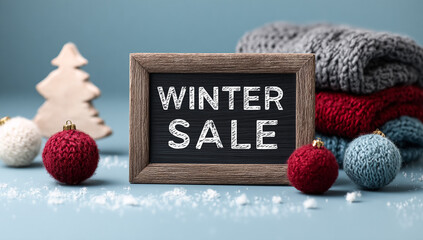 Winter sale announcement: Knitted ornaments and warm clothes promote seasonal shopping. Use for marketing, advertising.
