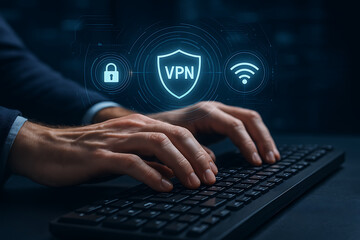 VPN secure connection, VPN login, secure internet, password typing, cybersecurity, encrypted connection, computer security, VPN access, network security, telecommunication data, digital privacy, 