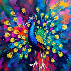 A colorful peacock is the main subject of this painting. 