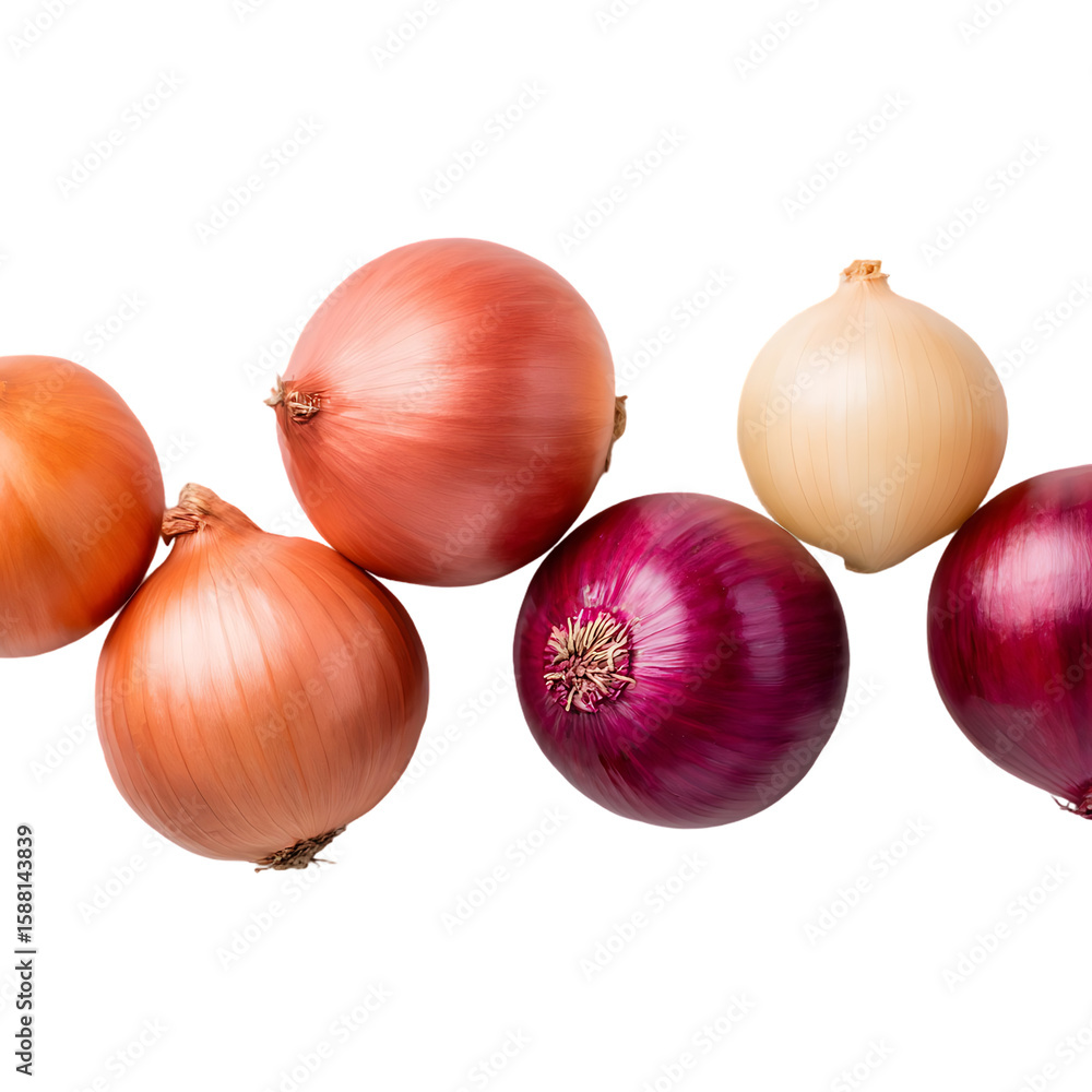 Poster onions in different colors arranged on a white background isolated on white background or transparen