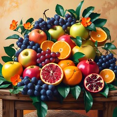 A colorful fruit arrangement on a wooden table. 