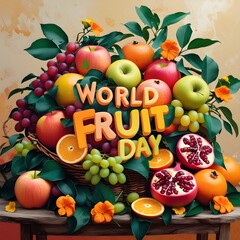 A basket of fruit with a sign that says World Fruit Day. The basket is filled with apples, oranges, and grapes. 