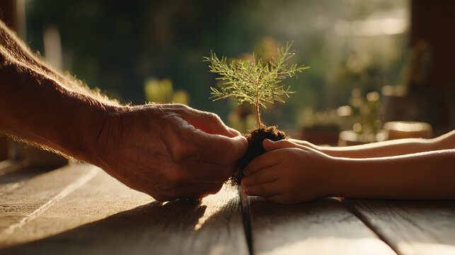 Nurturing the Future: Hands tenderly hold a delicate young seedling, illustrating growth, care, and the enduring connection between generations.