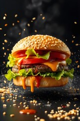 A burger with lettuce and tomato is shown in the air with cheese dripping from it.