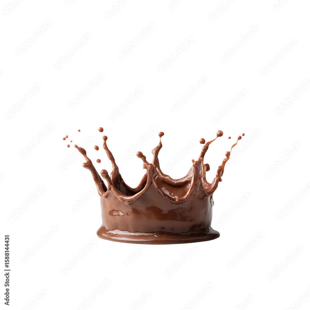 Poster chocolate pouring and splashing creating a crown-like shape isolated on white background or transpar