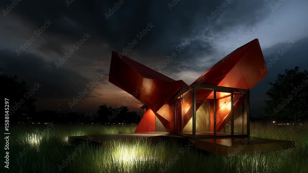 Poster modern architectural house view at dusk with smooth camera movement showcasing design features and l