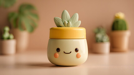 Playful Succulent Charm: A charming, smiling succulent pot, adorned with adorable details, stands out with its vibrant green leaves and sunny yellow lid, amidst a collection of blurred potted plants.