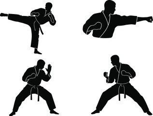 Vector art of silhouettes of a karate practitioner in various fighting stances and moves