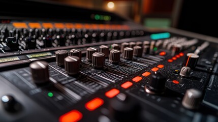 Studio mixing console knobs close-up; music production; control panel; audio engineering