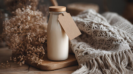 Artisanal Dairy Delight: A rustic still life, a glass bottle of creamy, fresh milk stands adorned with a blank tag, surrounded by a cozy aesthetic and natural light.