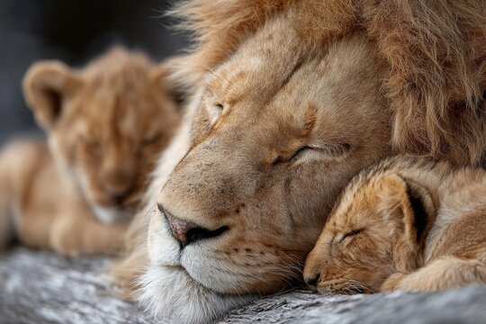 A lion sleeping with its cubs