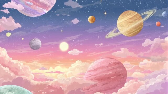 Colorful planets floating among soft clouds