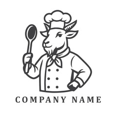 Black-and-white logo of a proud goat chef, wearing a chef’s coat and hat, holding a cooking spoon.