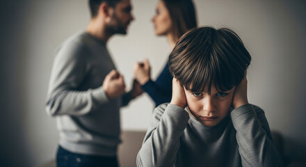 Worried, upset child covers ears during argument between parents. Mental state: stress, irritation, anxiety, depression. Parents in background