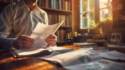 In the office, a lawyer contemplates a case